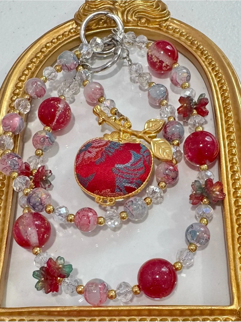 New Red Floral Beaded Phone Chain with Gold Accents